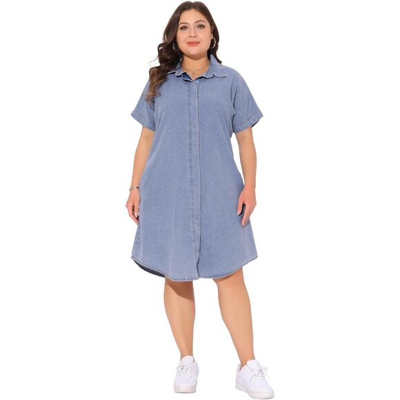 Plus Size Denim Dress for Women Short Sleeve Midi Button Down Pockets - Picture 3 of 5